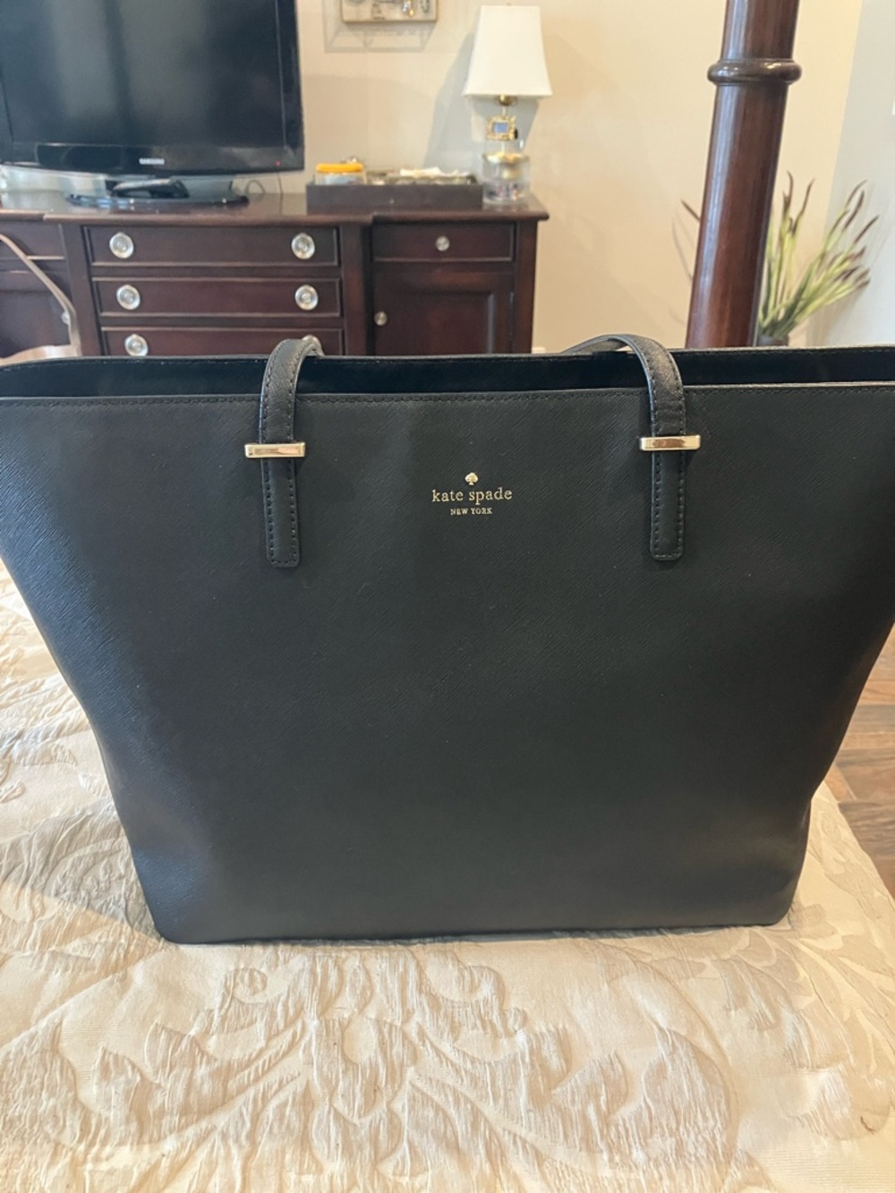 kate spade Large black Leather Tote with Gold Accents
